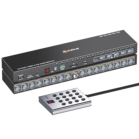 16 Ports KVM Switch HDMI 4K@60Hz EDID Simulation,1U Rack Mount USB 3.0 HDMI KVM Switch for 16 Computers/Servers, with 6 USB3.0 Port,TF/SD,Audio RS232, Wired Remote & 12V Power + 16 USB Cable Included