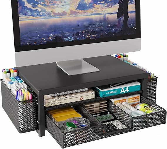 2 Tier Monitor Stand Riser with Drawer & 2 Pen Holders Storage for Desktop, Metal Computer Desk Organizer Stand for Laptop, Computer, iMac(Black)