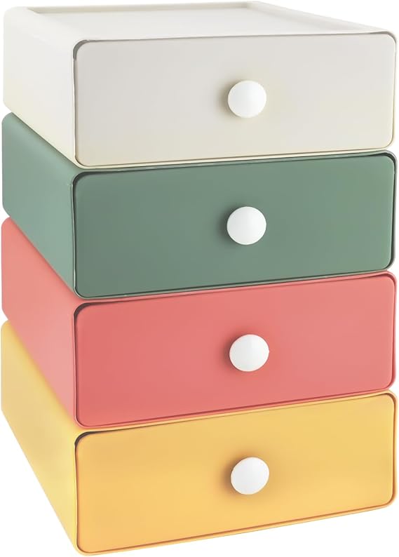 4 PCS Desktop Storage Drawers, Stackable Desk Organizer with Drawers, Large Capacity Desktop Storage Box for Office, School, Room, Dorm, Bathroom (4 Colors)