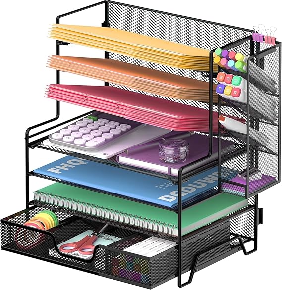4 Tier Paper Organizer with File Holder and Pen Holder, 7 Tier Desk File Organizer, Desk Organizers and Accessories for Office Home School, Black