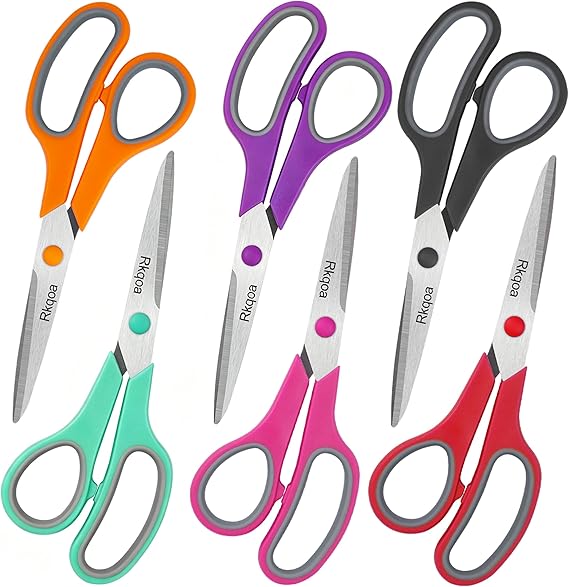 6 Pack Scissors Set, Rkqoa 8" Scissors All Purpose- Comfort-Grip Sharp Scissors for Office School Sewing Craft Supplies, Classroom Must Have, Teacher/Class Scissor, Right/Left Handles