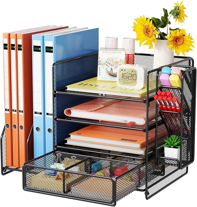 7 code Desk Organizer with File Holder, 5-Tier Letter Paper Tray Organizer with Drawer & Pen Holders, Desk Accessories Organizers and Storage, 2 Magazine Holder for Office Supplies (Black)