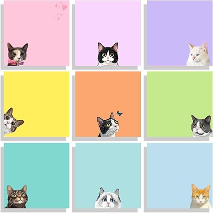 9 Pads Cute Sticky Notes Set, 7.6 x 7.6 cm, Black Cat Self Stick Notepads, Funny Sticky Notes Set, Cat Stationery, Kawaii Adhesive Memo Pads, Cat Lover Gifts, Office Desk Accessories, School Supplies