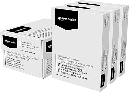 Amazon Basics Multipurpose Copy Printer Paper, 8.5" x 11", 20 lb, 3 Reams, 1500 Sheets, 92 Bright, White