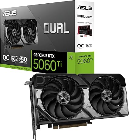 ASUS Dual GeForce RTX 5060 Ti 16GB GDDR7 OC Edition (PCIe 5.0, 16GB GDDR7, DLSS 4, HDMI 2.1b, DisplayPort 2.1b, 2.5-Slot Design, Axial-tech Fan Design, 0dB Technology, and More)