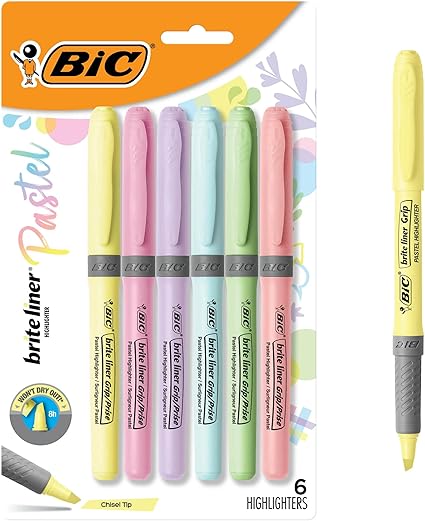 BIC Brite Liner Pastel Highlighter Set, Chisel Tip for Fine and Broad Lines, 6-Count Pack in Assorted Colours