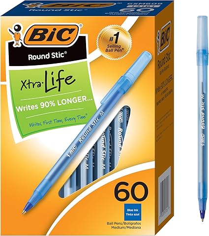 BIC Round Stic Extra Life Ballpoint Pen with 1.0 mm Point and Comfortable Grip, 60-Count in Blue Ink