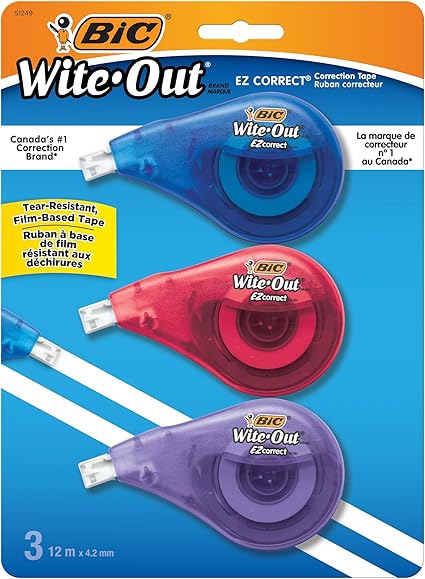 BIC Wite-Out EZ Correct Correction Tape, White, No Dry Time, Tear Resistant Tape, 3-Count