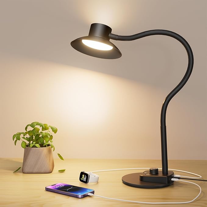 Desk Lamp,Eye-Caring Dimmable Bedside lamp with Dual USB Charging Port, 5 Light Modes & Stepless Dimming, 1400LM Desk Light with Flexible Neck for Home, Office, Bedroom, Reading, Work, Study,12V 2A