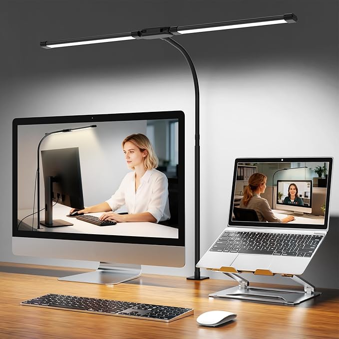 Desk Lamp with Clamp, Eye-Caring Desk Light with 50 Lighting Modes, Wide Double Head, Adjustable Architect Light Flexible Neck, Table lamp for Home Office, Computer, Craft(Includes Adapter)