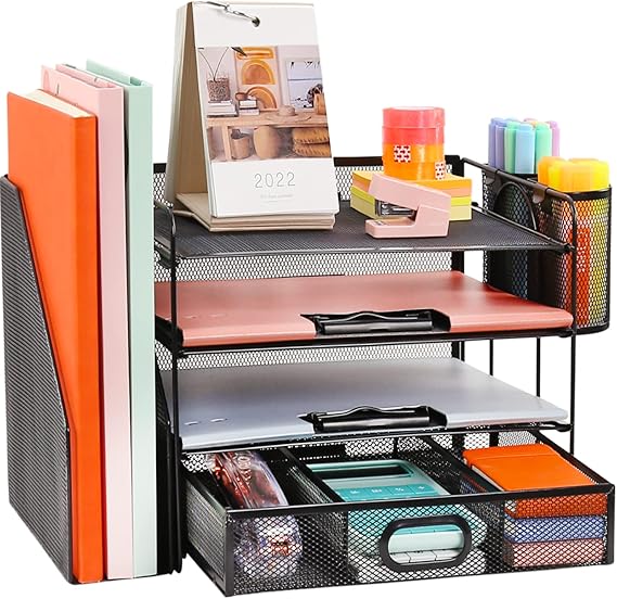 Desk Organizer with File Holder, 4-Tier Letter Paper Tray Organizer with Drawer & 2 Pen Holders, Desk Organizers and Accessories, Mesh Desktop File Organizer and Storage for Office Supplies