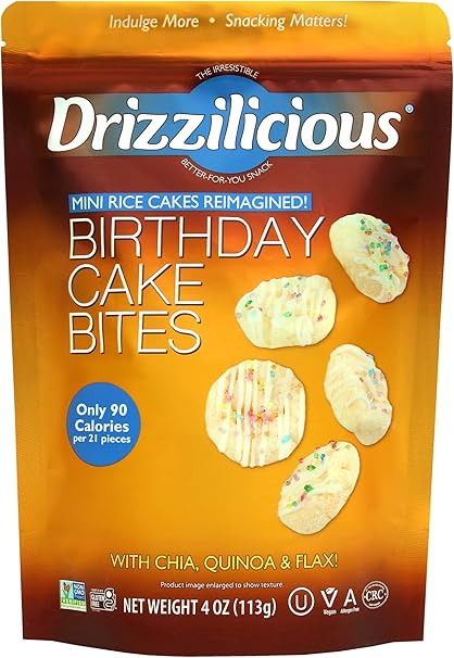 Drizzilicious Birthday Cake Mini Rice Cakes - 4oz (113g) Single Pack | Sinless Chocolatey Snack Bites - Rice Crisps Reinvented | Gluten-Free, Kosher Certified, Dairy-Free