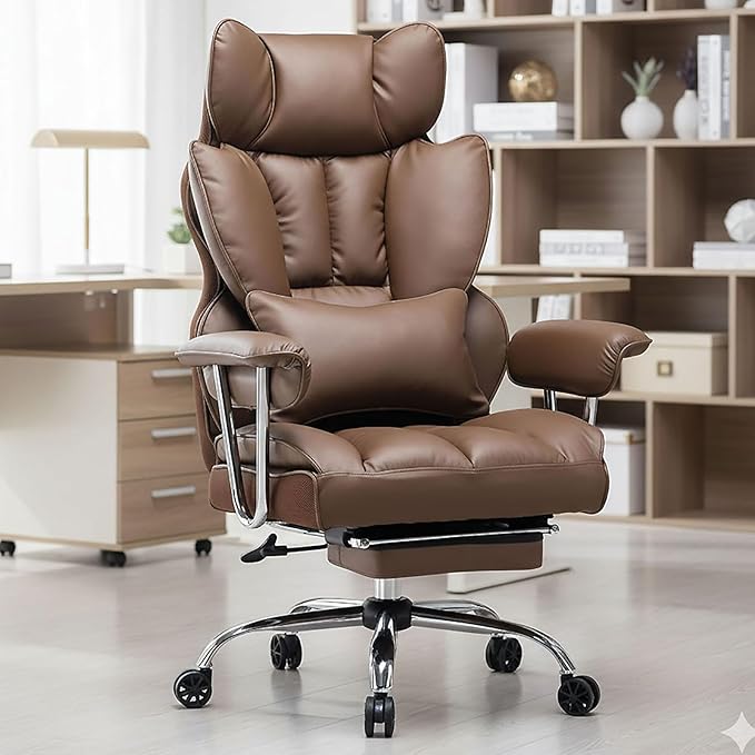 Efomao Desk Office Chair 400LBS, Big High Back PU Leather Computer Chair, Executive Office Chair with Leg Rest and Lumbar Support, Brown Office Chair
