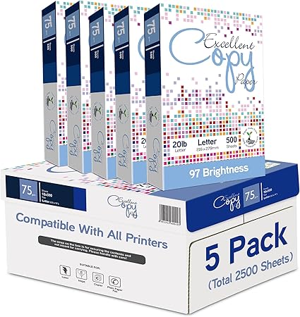 Excellent Copy Paper, 20 lb, Letter Size 8.5” x 11”, 97 Brightness, 2500 Sheets (5 Pack) – 75 GSM Printer Paper for Laser, Inkjet, Copier & Fax – Jam-Free, Smooth Surface, PEFC Certified.
