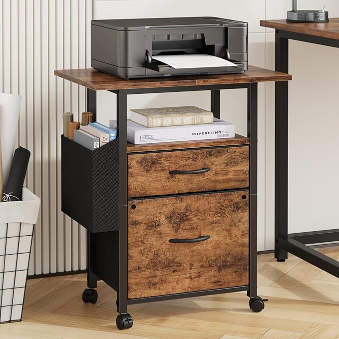 GYIIYUO 2 Drawer File Cabinet with 24'' Extended Tabletop, Mobile Filing Cabinet, Rolling Vertical File Cabinet with Storage Bag, Printer Stand Fits A4/Letter Size, Fabric Drawer, Rustic Brown
