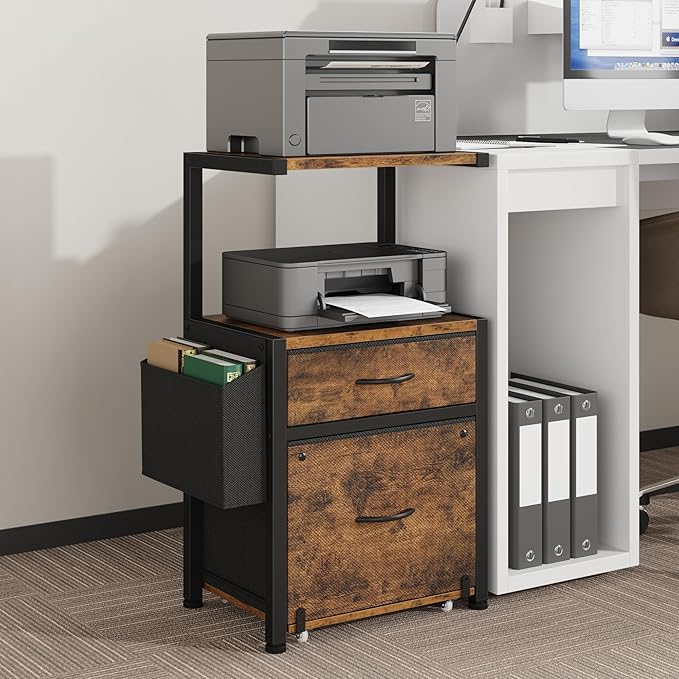 HIGDBFE 2-Drawer File Cabinet, Filing Cabinet with 2-Tier Printer Shelves, Office Cabinets with Side Bag&File Drawer for A4/Letter Size, Printer Stand with Storage for Home Office, Rustic Brown