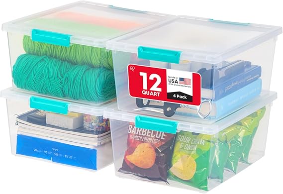 IRIS USA 11.4L Plastic Storage Bins with Lids, 4 Pack Clear Stackable Storage Containers, Deep Organizer Box for Home, Office & Classroom, Nestable with Secure Latching Buckles