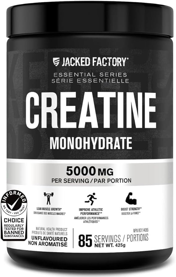 Jacked Factory Creatine Monohydrate Powder 425g - Canadian-Owned Informed Choice Certified Supplement for Increased Muscle Mass*, Improved Strength, Power, & Performance** - 85 Servings, Unflavored