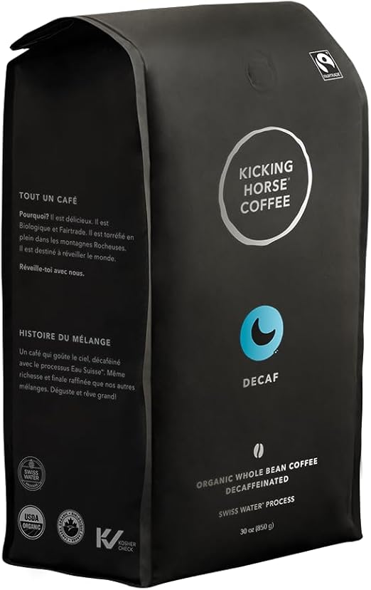 Kicking Horse Coffee - Decaf, Swiss Water Process, Whole Bean 100% Arabica Coffee | Dark Roast | All Organic & Fairtrade | 850 g
