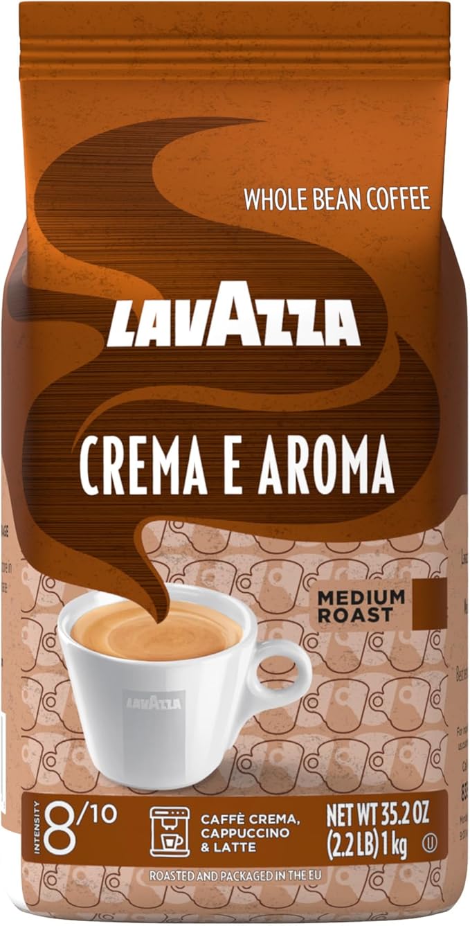 Lavazza Crema E Aroma Whole Bean Coffee Blend, Medium Roast, 1 kg Bag , Balanced medium roast with an intense, earthy flavor and long lasting crema, Non-GMO