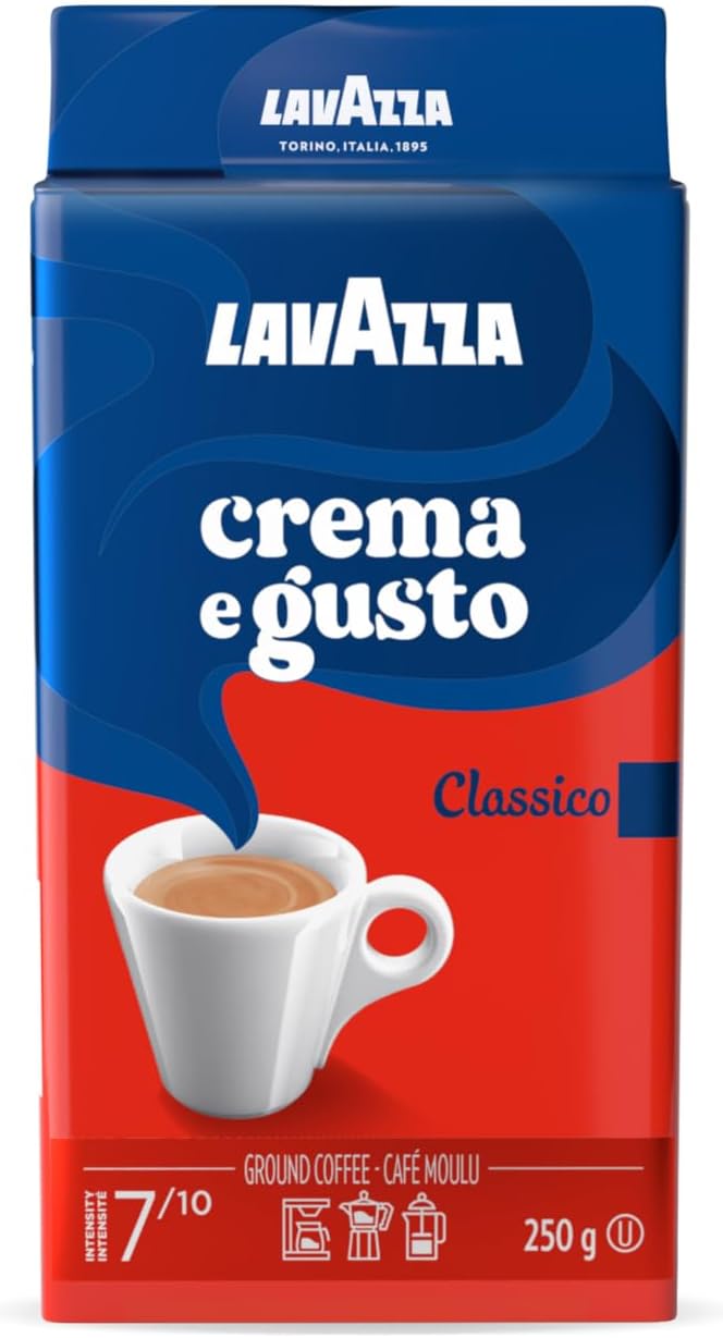 Lavazza Crema E Gusto Ground Coffee Blend, Espresso Dark Roast, 250 g Brick - Authentic Italian, Blended And Roasted in Italy, Non GMO, Full bodied with rich aftertaste