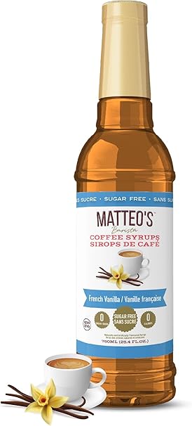 Matteo's Barista Style Sugar-Free Coffee Syrup, French Vanilla Flavor, Zero Calorie and Sugar, Keto Friendly, Ideal for Latte, Cappuccino, Espresso, Americano, Indulgent Taste 25.4 Oz 1-Pack