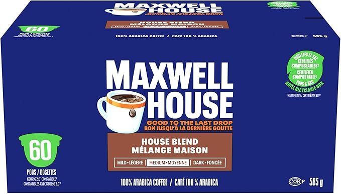 Maxwell House House Blend Coffee Certified Compostable K-Cup Coffee Pods, 60 Pods