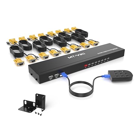 MT-VIKI KVM Switch 8 Port, 8X1 Rackmount KVM Switch VGA, Included 8 2-in-1 KVM Cables & Wire-Desktop Selector, Fit 1U 19'' Rack
