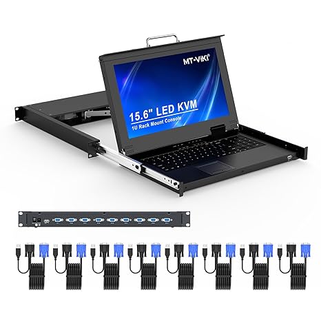 MT-VIKI® Rack Mount KVM Console, 8 Port KVM VGA Switch w/15.6'' LCD Monitor, 1080P Fit 1U 19'' Rack, Mount into 23.6-31.5 inch deep Server Cabinet, Integrated Touchpad+Keyboard+8 KVM Cables