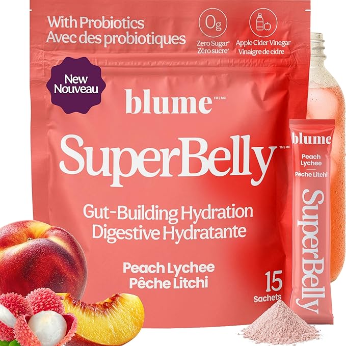 NEW Blume SuperBelly Gut Health + Hydration, Daily Sugar Free Probiotics, Inulin Fiber, and Hydrating Minerals Powder Packets for Digestion Support - Peach Lychee, 15 Sticks