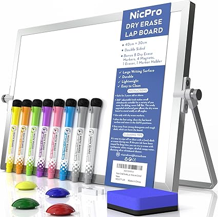 Nicpro Dry Erase Whiteboard, 12 x 16 inch Double Sided Large Magnetic Desktop White Board with Stand, 8 Pens, 1 Eraser, 4 Magnets, Portable White Board Easel for Kids Memo to Do List Students School