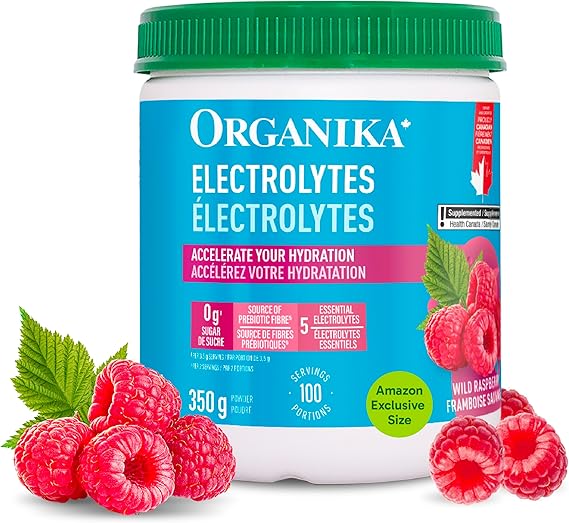 Organika Canadian-Made Electrolyte Drink Mix - Raspberry flavour- Zero Sugar, Hydration- 350 gram - 100 Servings