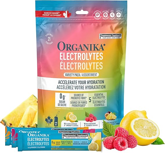 Organika Canadian-Made Electrolytes Powder - Variety Pack Sachets (Raspberry/Lemonade/Pineapple) On-the-Go Sugar-Free Hydration and Electrolyte Replenishment with Prebiotics and Vitamin C, 3.5g x 21ct