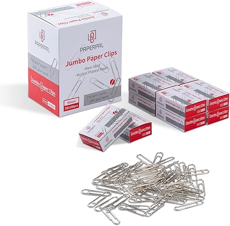 PAPERPAL Jumbo Paper Clips Nonskid, 1000 Large Paper Clip (10 Boxes of 100 Each), Bulk Paperclips for Office School & Personal Use, Daily DIY, 2" Silver Heavy Duty Non-Skid Paperclip Jumbo Size