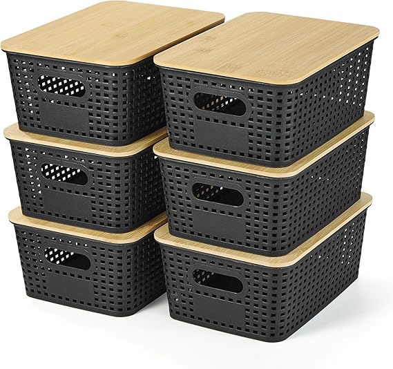 Plastic Storage Baskets With Bamboo Lid - Plastic Storage Containers Stackable Storage bins: Storage Baskets for Organizing Shelves Drawers Desktop Closet Playroom Classroom Office, 6 Pack