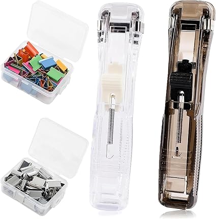 Portable Binder Clip Stapler - Includes 100 Reusable Clips, Professional Push Clip Stapler & Paper Clam Clip Dispenser, Handheld Clip Staplers for Office Desktop, School & Document Binding (A)
