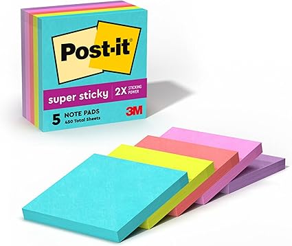 Post-it Super Sticky Notes, 5 Sticky Note Pads, 3 x 3 in., School Supplies, Office Products, Sticky Notes for Vertical Surfaces, Monitors, Walls and Windows, Supernova Neons Collection