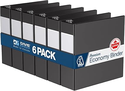 Premium Economy 3-Inch Binder, 3-Ring Binder for School, Office, or Home, Colored Binder Notebook, Pack of 6, D Ring, Black