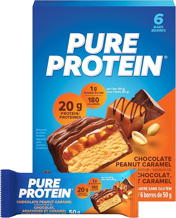 Pure Protein Bars - Nutritious, Gluten Free bar, made with Whey protein blend - low sugar, protein snack. Deliciously satisfying. Made in Canada, Chocolate Peanut Caramel (Pack of 6)