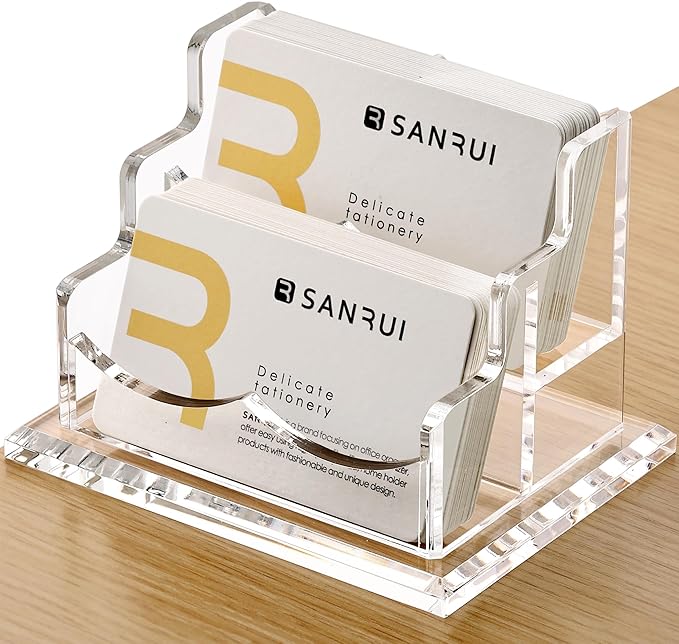 SANRUI Clear Business Card Holder for Desk, Office Acrylic Business Card Display Stand Desktop Organizer Storage Cards Holders，2 Tier 2 Pocket, 100 Card Capacity