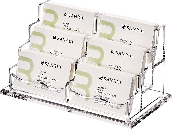 SANRUI Clear Business Card Holder for Desk , Office Acrylic Business Card Display Stand Desktop Organizer Storage Cards Holders，3 Tier 6 Pocket , 300 Card Capacity
