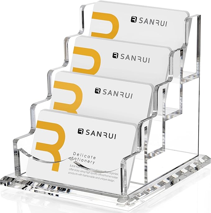 SANRUI Clear Business Card Holder for Desk, Office Acrylic Business Card Display Stand Desktop Organizer Storage Cards Holders，4 Tier 4 Pocket, 200 Card Capacity