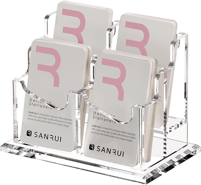 SANRUI Clear Vertical Business Card Holder for Desk , Office Acrylic Business Card Display Stand Desktop Organizer Storage Cards Holders，2 Tier 4 Pocket , 200 Card Capacity