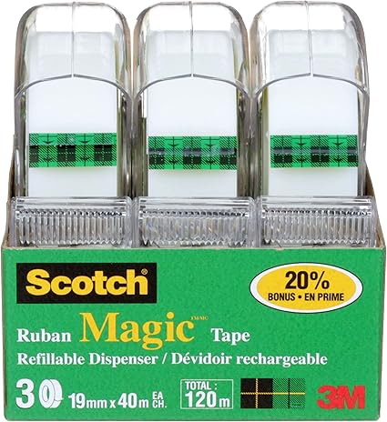 Scotch Magic Tape, 3 Dispensered Rolls, Numerous Applications, Invisible, Clear Tape Engineered for Repairing, 19mm Wide x 40m, 3 Rolls with Dispensers