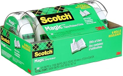 Scotch Magic Tape, Invisible, Back to School and University Essentials for Students and Teachers, 6 Tape Rolls With Dispensers, 19 mm x 21.5 m