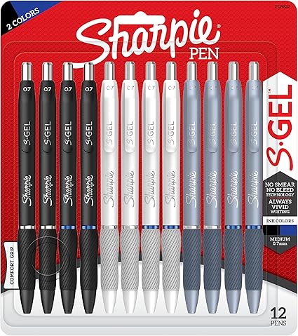 Sharpie S-Gel, Gel Pens, Medium Point (0.7mm), Black and Blue Gel Ink Pens, 12 Count