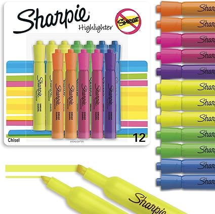 Sharpie Tank Highlighters, Chisel Tip, Assorted Colours, 12 Count