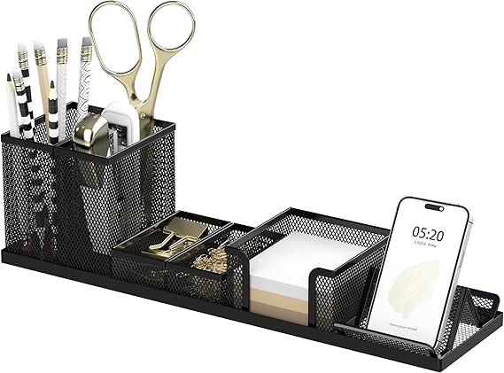 SUPEASY Desk Organizers and Accessories for Office Supplies Organization with 6 Compartments, Desk Organizer with Phone Holder, Pen Holder, Sticky Note Tray, Black