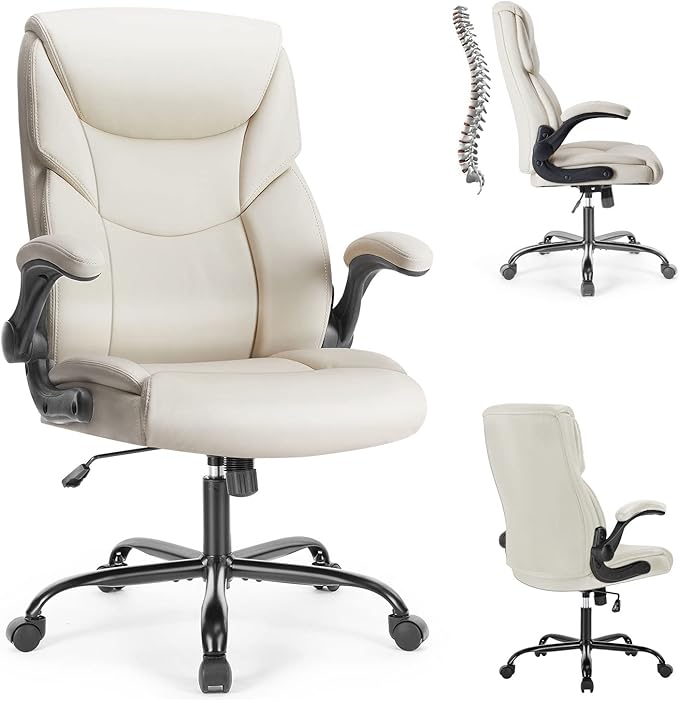 Sweetcrispy Ergonomic Desk Office Chairs with Wheels, PU Leather Rolling Swivel Chair for Desk, High Back, Flip-up Arms, Adjustable Height, White