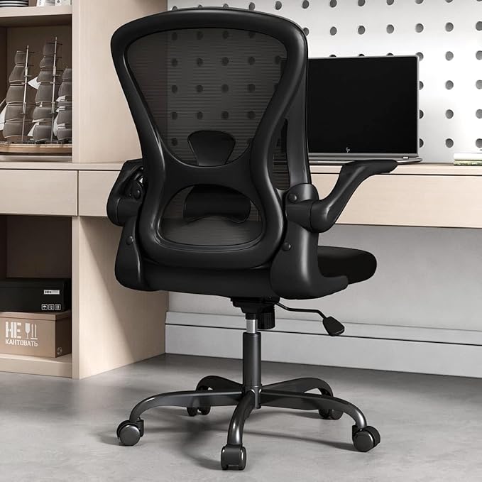 Sytas Office Chair, Ergonomic Desk Chair with 90° Flip-up Arms for Space Saving, Mesh Home Office Chair with S-Shaped Lumbar Support and 300 lbs Heavy, Breathable Swivel Computer Task Chair, Black